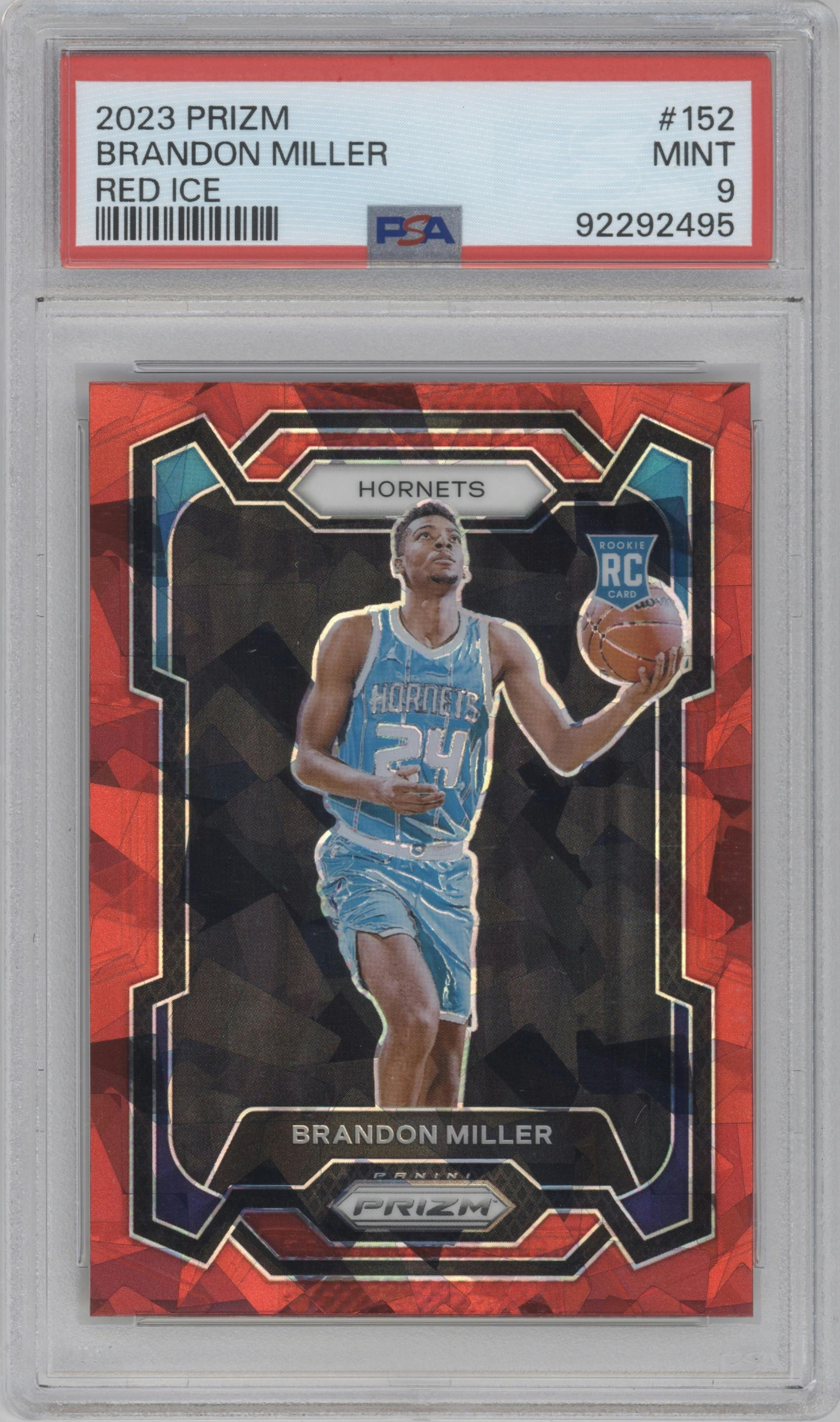 Brandon Miller from the 2023-24 Panini Prizm set featuring a Red Ice parallel graded by PSA and given an overall grade of 9.