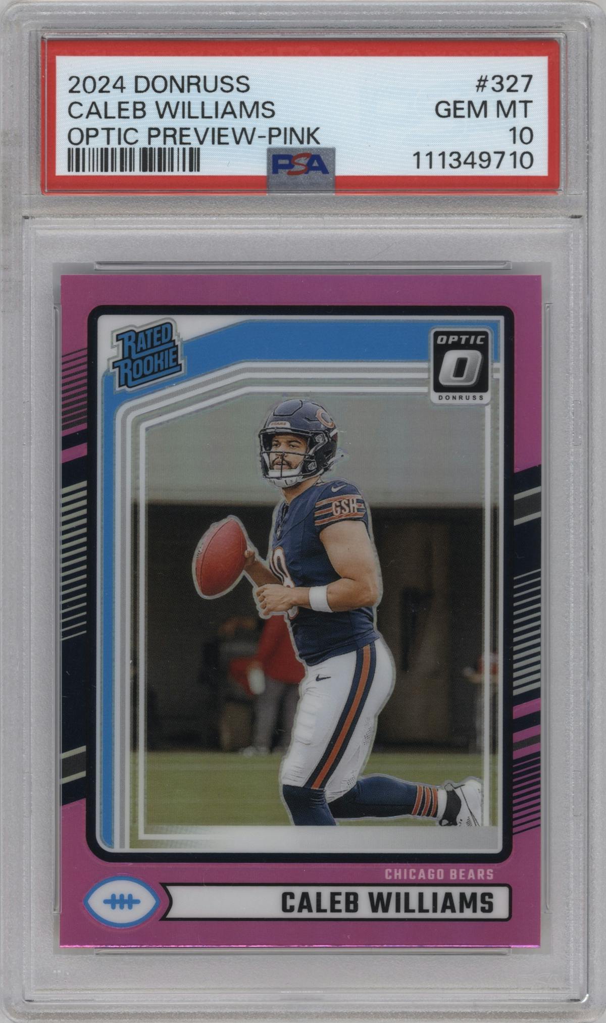 Caleb Williams from the 2024 Donruss set featuring a Pink parallel graded by PSA and given an overall grade of 10.