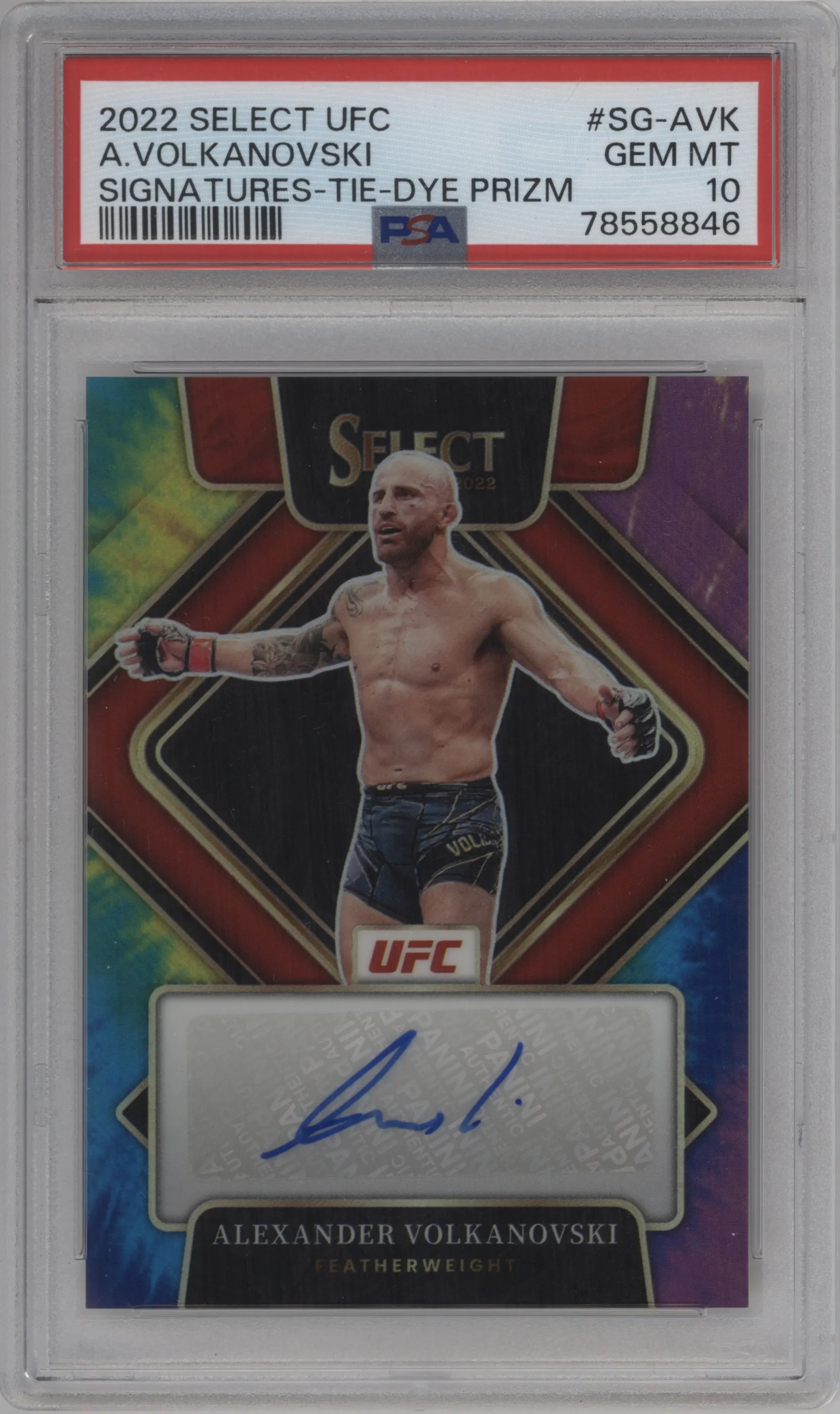 2022 Panini Select UFC Signatures Alexander Volkanovski Tie-Dye Prizm #SG-AVK PSA 10