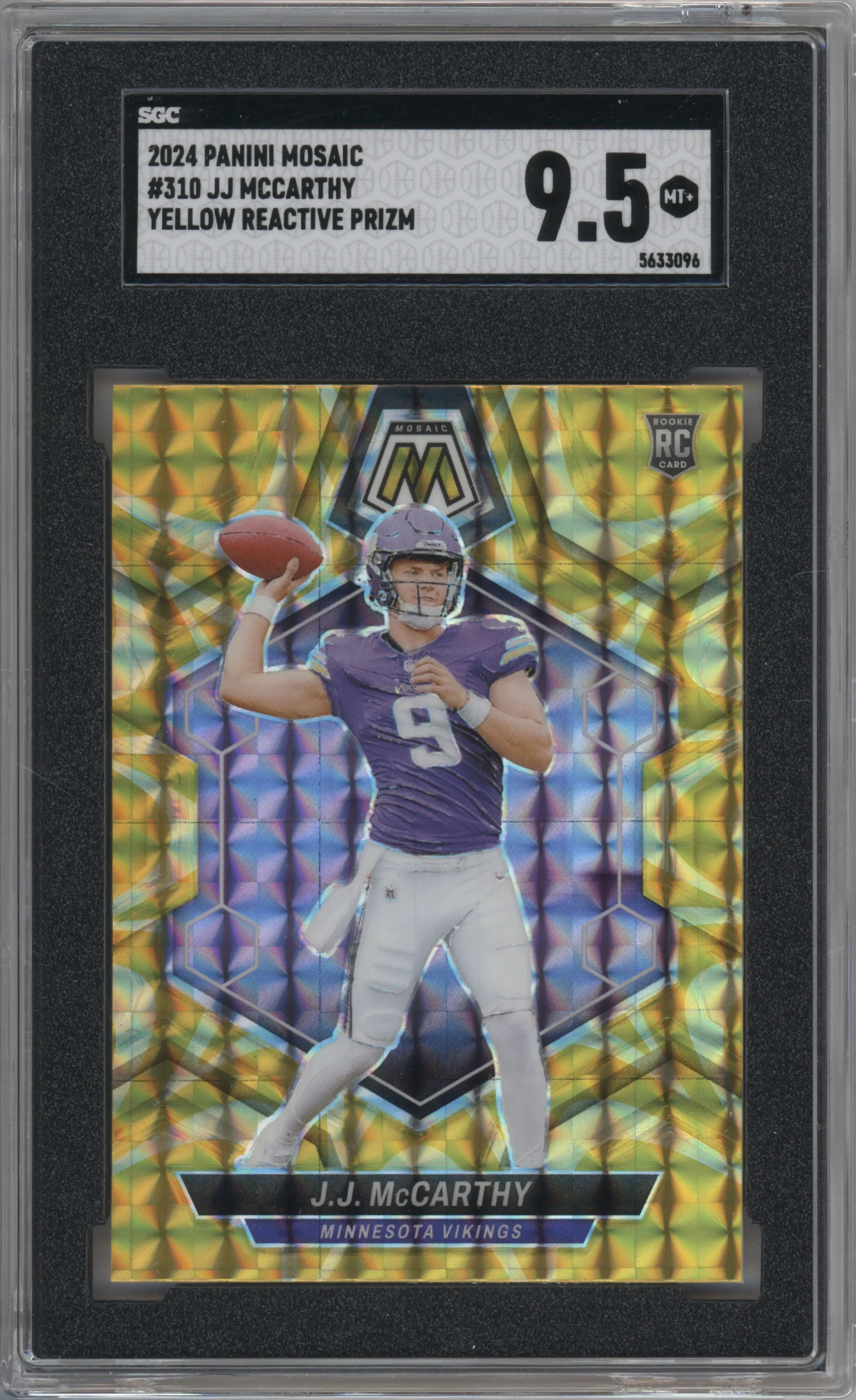 J.J. McCarthy from the 2024 Panini Mosaic set featuring a Reactive Yellow parallel graded by SGC and given an overall grade of 9.5.