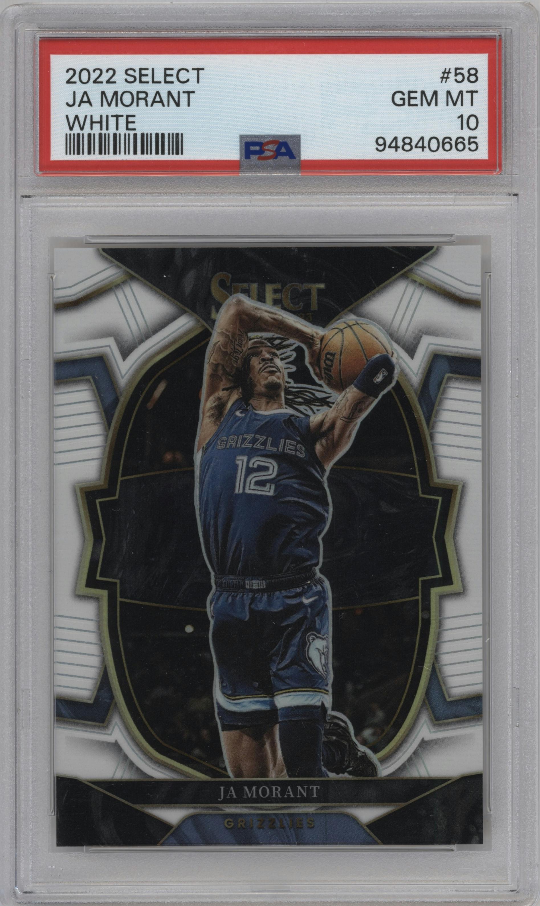 Ja Morant from the 2022-23 Panini Select set featuring a White Prizm parallel graded by PSA and given an overall grade of 10.