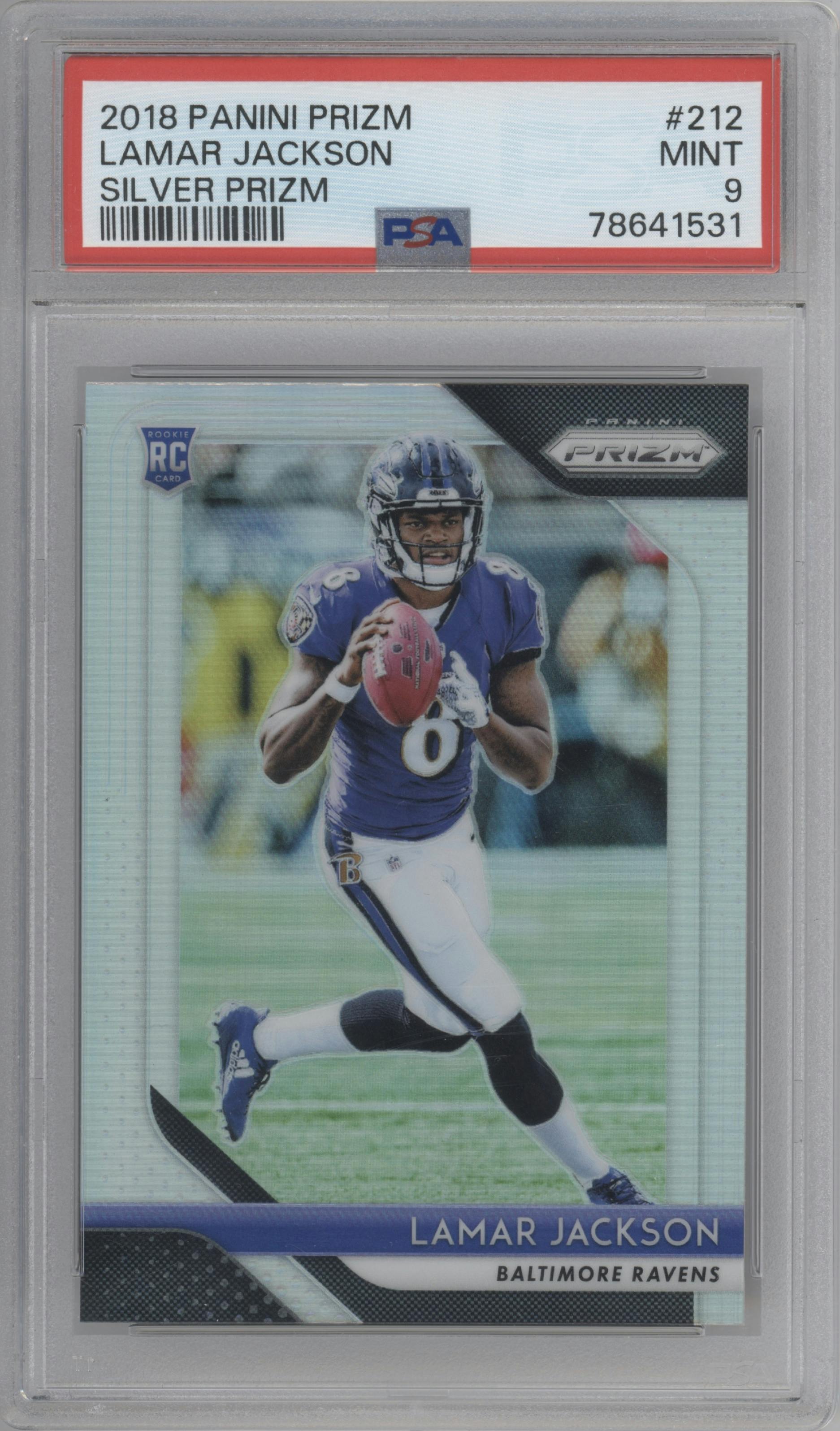 Lamar Jackson from the 2018 Panini Prizm set featuring a Silver Prizm parallel graded by PSA and given an overall grade of 9.