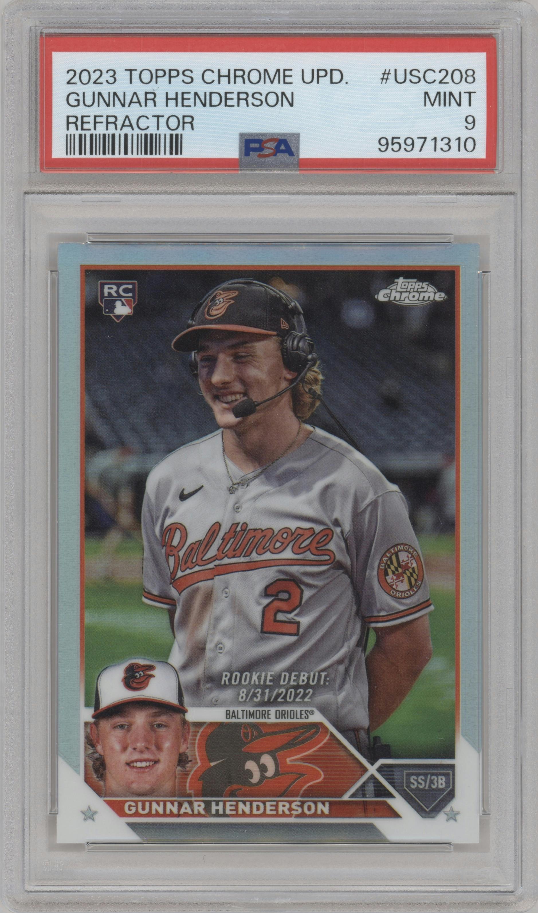 Gunnar Henderson from the 2023 Topps Chrome Update set featuring a Refractor parallel graded by PSA and given an overall grade of 9.