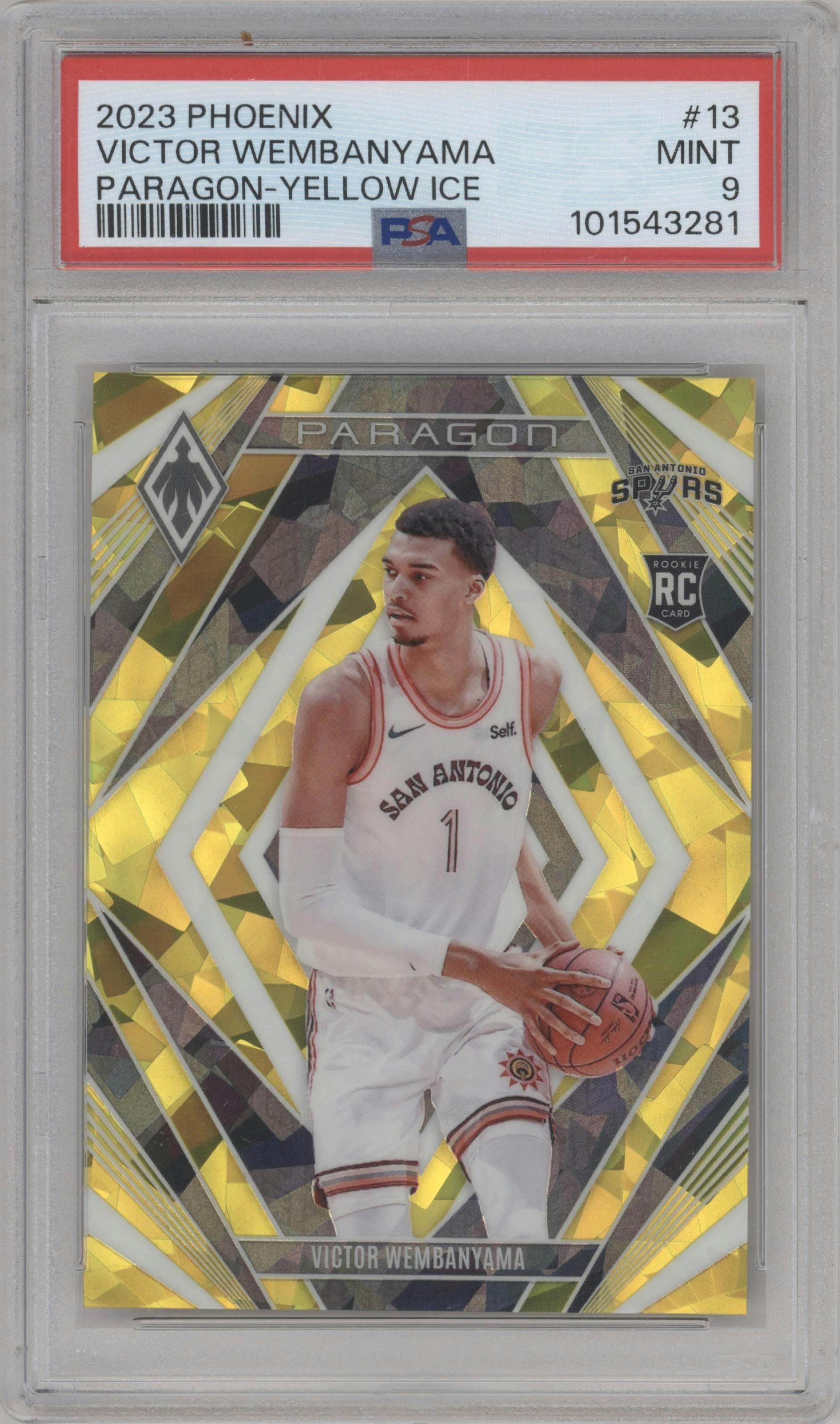 Victor Wembanyama from the 2023-24 Panini Phoenix set featuring a Yellow Ice parallel graded by PSA and given an overall grade of 9.