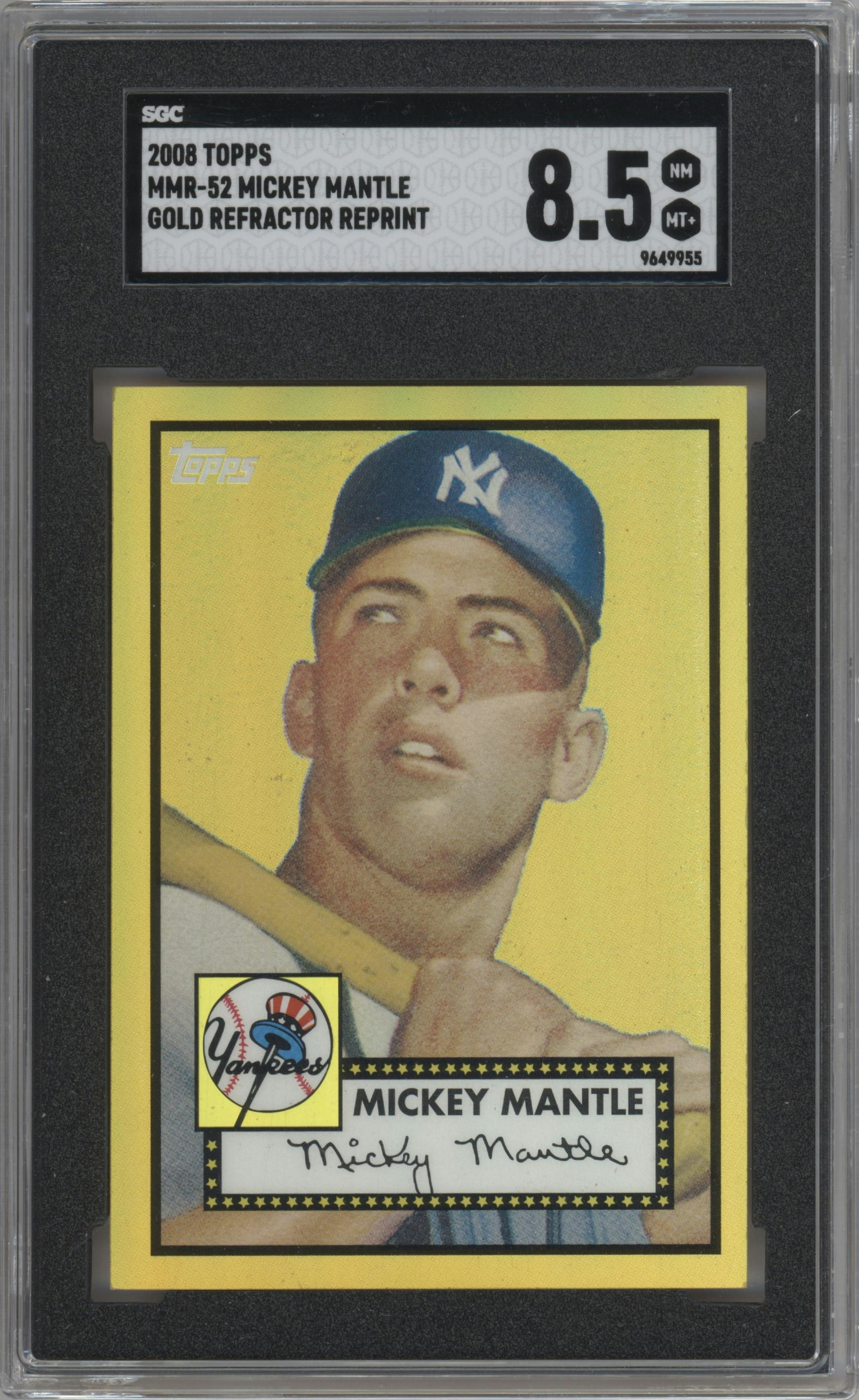 Mickey Mantle from the 2008 Topps set featuring a Gold Refractor parallel graded by SGC and given an overall grade of 8.5.