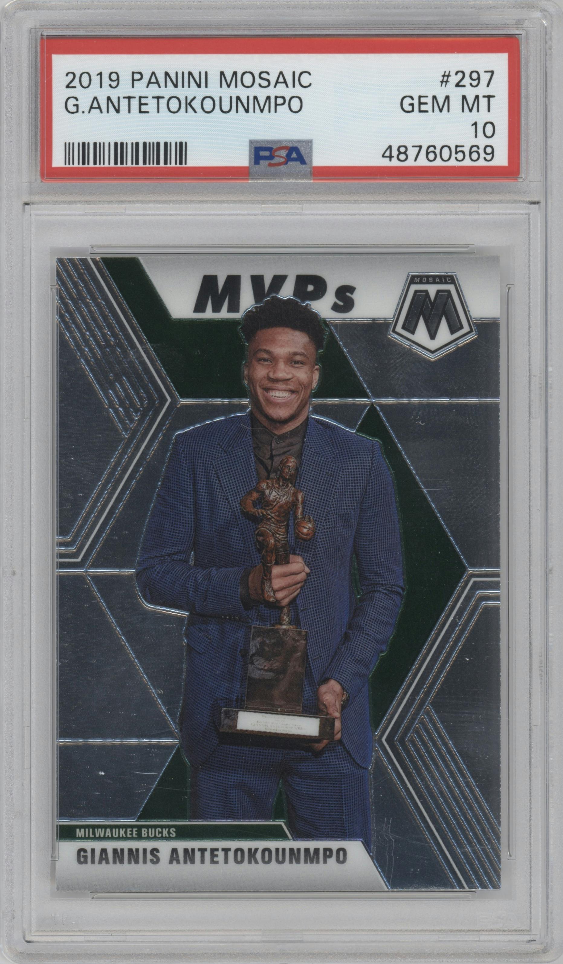 Giannis Antetokounmpo from the 2019-20 Panini Mosaic  set graded by PSA and given an overall grade of 10.