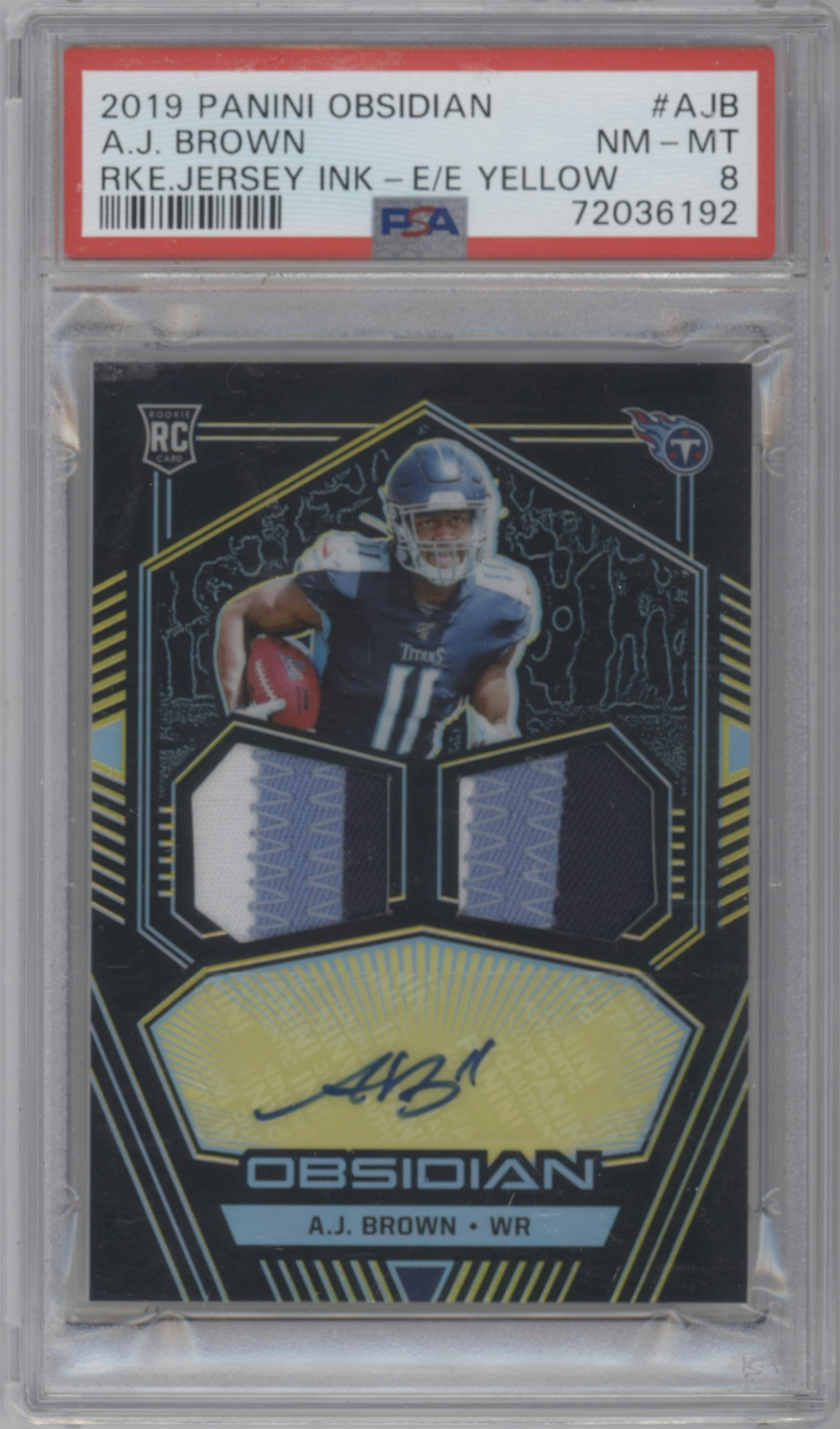 A.J. Brown from the 2019 Panini Obsidian set featuring a Electric Etch Yellow parallel graded by PSA and given an overall grade of 8.