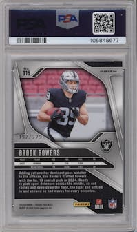 Brock Bowers from the 2024 Panini Prizm set featuring a Purple Ice parallel graded by PSA and given an overall grade of 9.