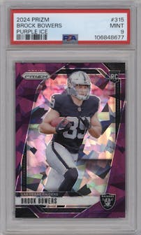 Brock Bowers from the 2024 Panini Prizm set featuring a Purple Ice parallel graded by PSA and given an overall grade of 9.