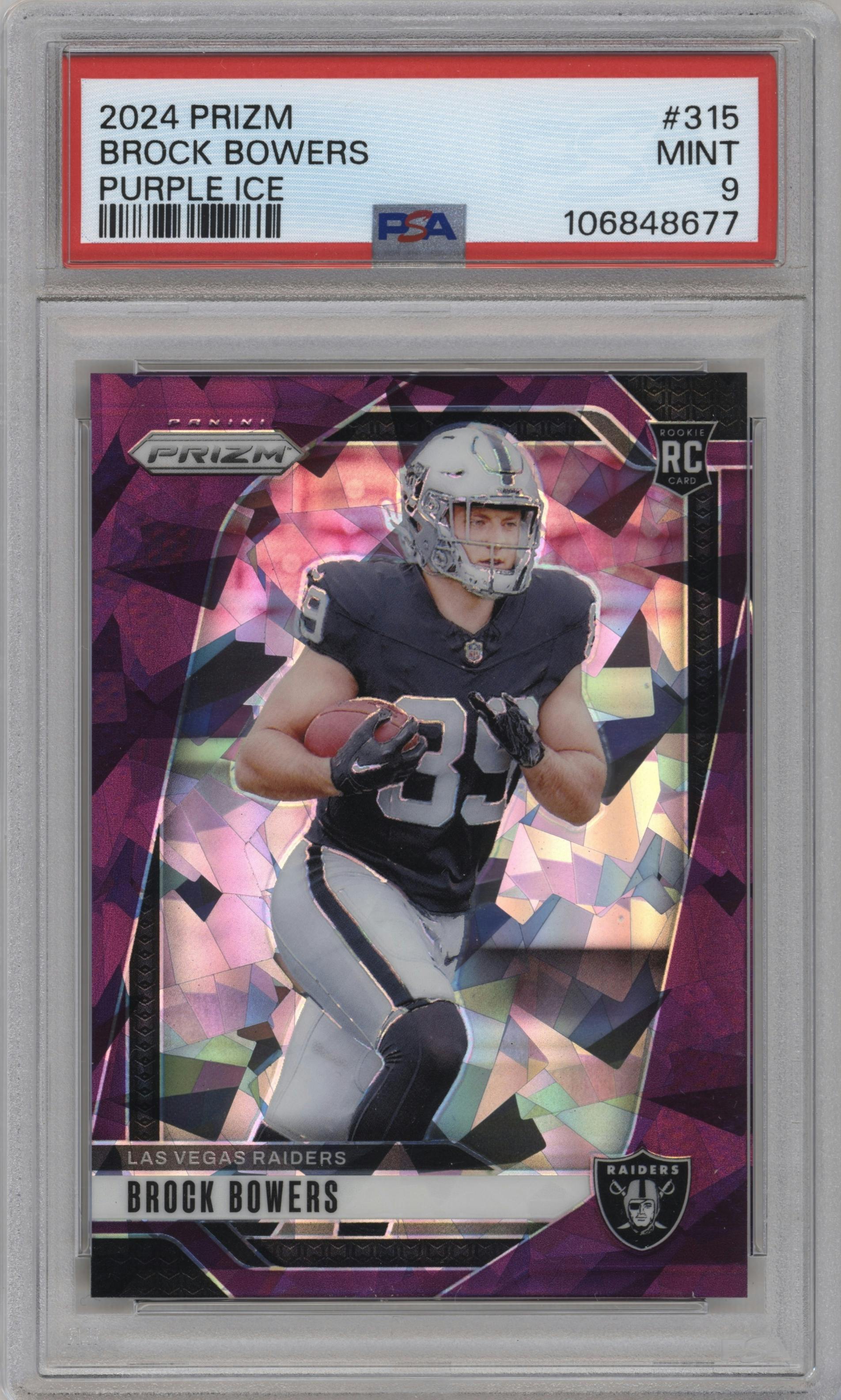 Brock Bowers from the 2024 Panini Prizm set featuring a Purple Ice parallel graded by PSA and given an overall grade of 9.