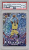 LeBron James from the 2023-24 Panini Hoops Premium Stock set featuring a Premium Red Prizm parallel graded by PSA and given an overall grade of 10.