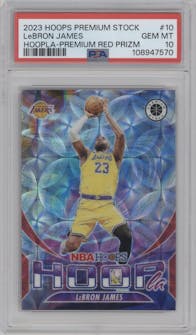 LeBron James from the 2023-24 Panini Hoops Premium Stock set featuring a Premium Red Prizm parallel graded by PSA and given an overall grade of 10.