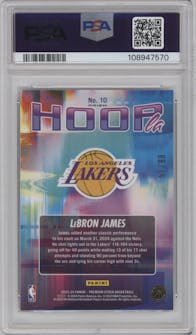 LeBron James from the 2023-24 Panini Hoops Premium Stock set featuring a Premium Red Prizm parallel graded by PSA and given an overall grade of 10.