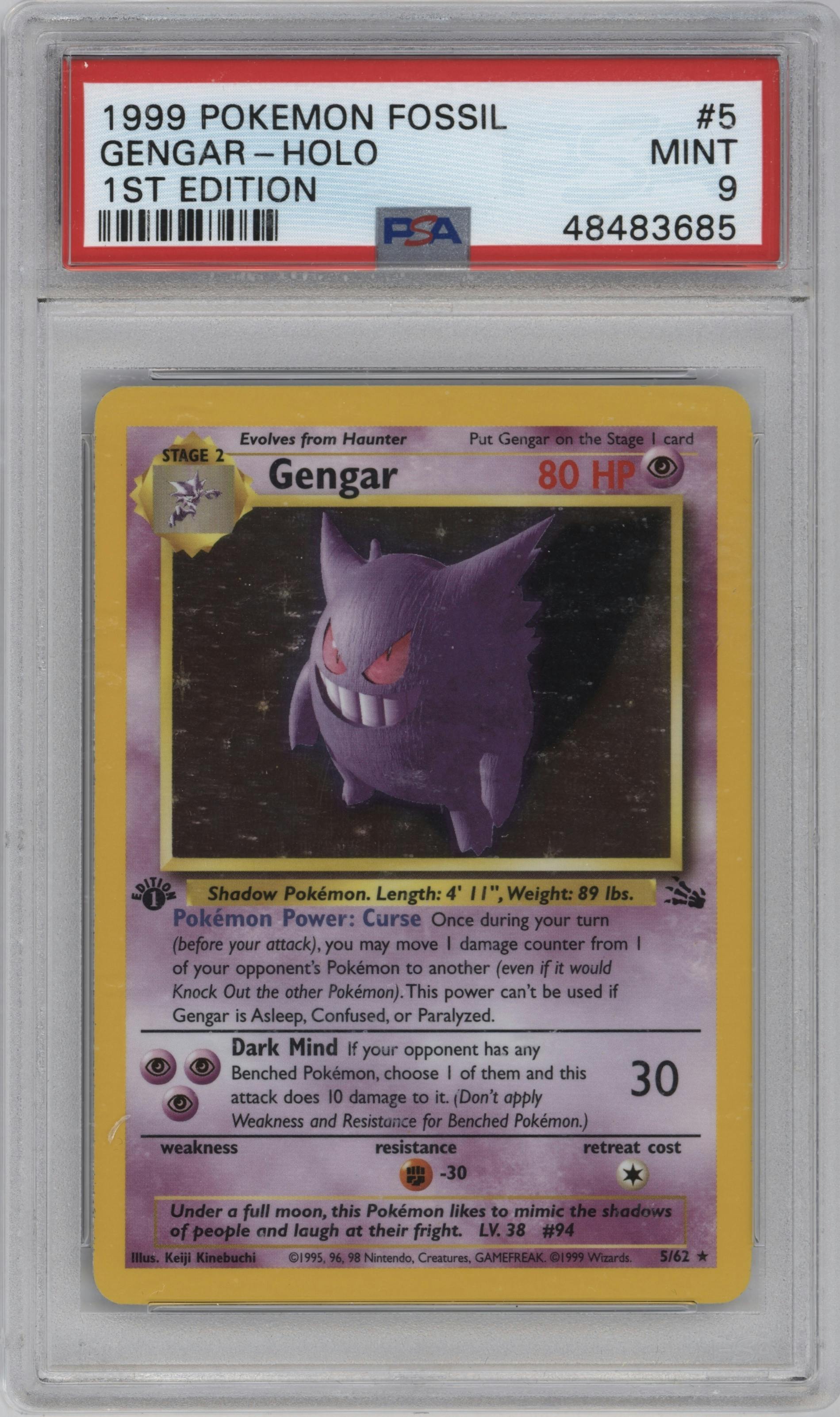 Gengar from the 1999 Pokemon set graded by PSA and given an overall grade of 9.