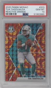 Tua Tagovailoa from the 2020 Panini Mosaic set featuring a Reactive Orange parallel graded by PSA and given an overall grade of 10.
