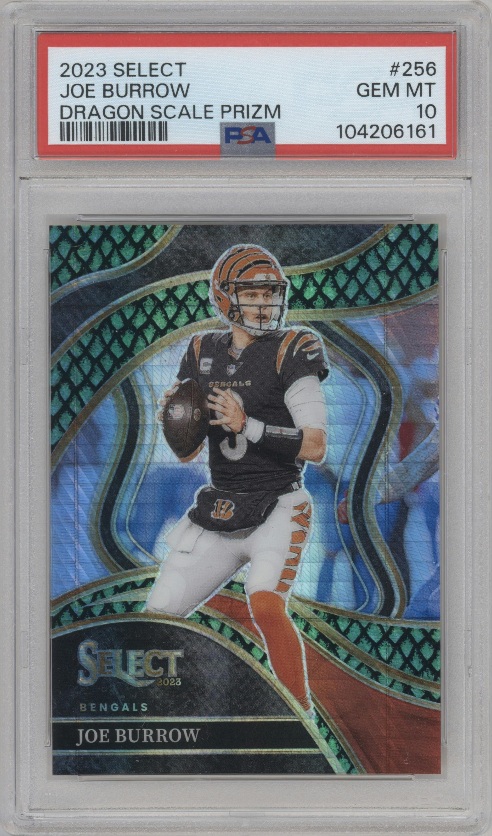 Joe Burrow from the 2023 Panini Select set featuring a Dragon Scale parallel graded by PSA and given an overall grade of 10.