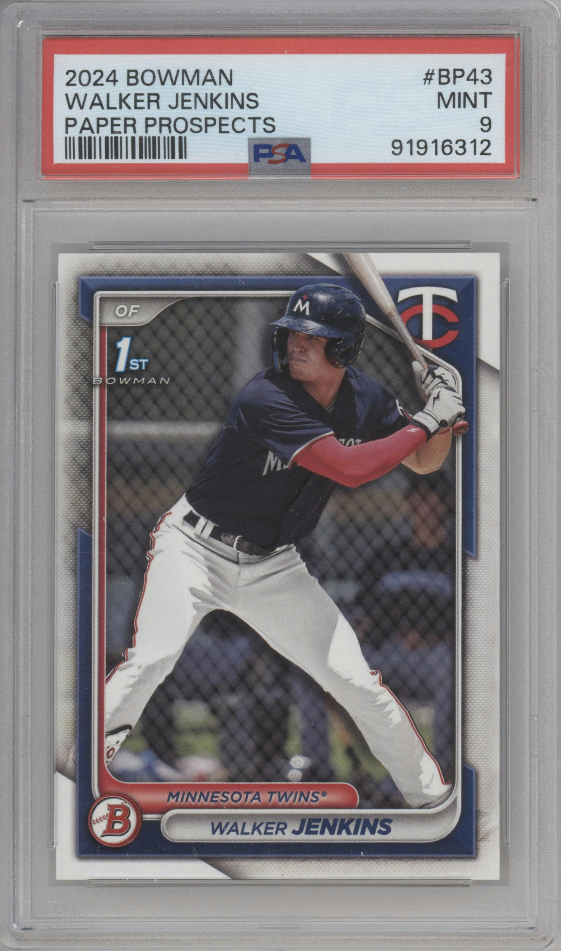 Walker Jenkins from the 2024 Bowman set graded by PSA and given an overall grade of 9.