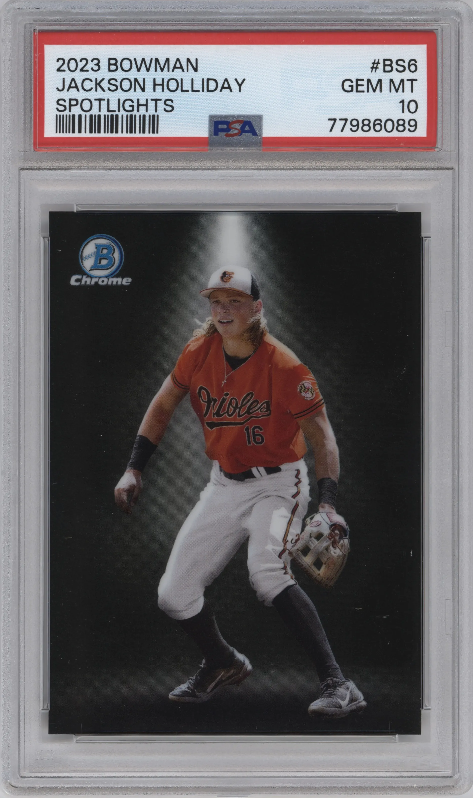 Jackson Holliday from the 2023 Bowman  set graded by PSA and given an overall grade of 10.