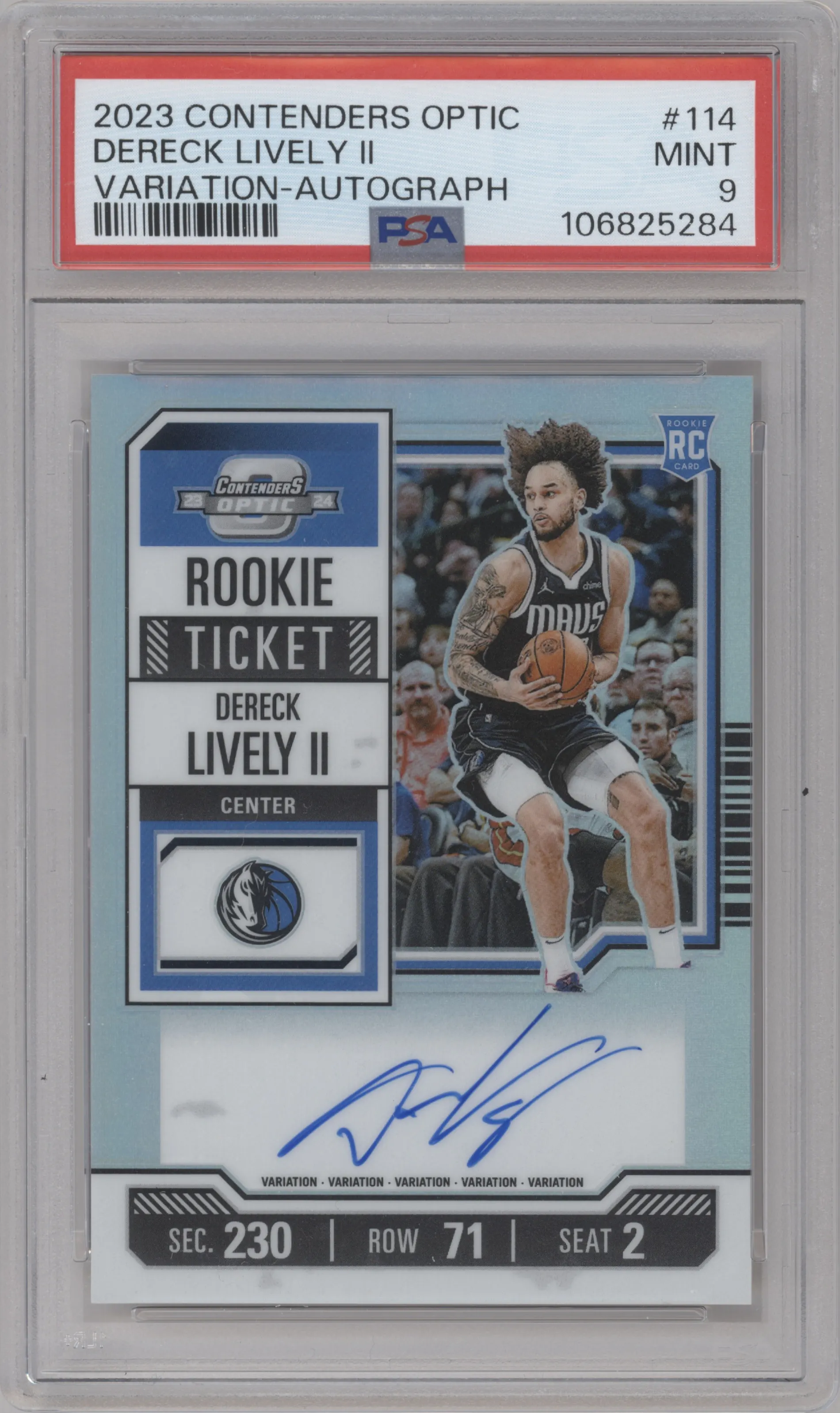 Dereck Lively II from the 2023-24 Panini Contenders Optic set graded by PSA and given an overall grade of 9.