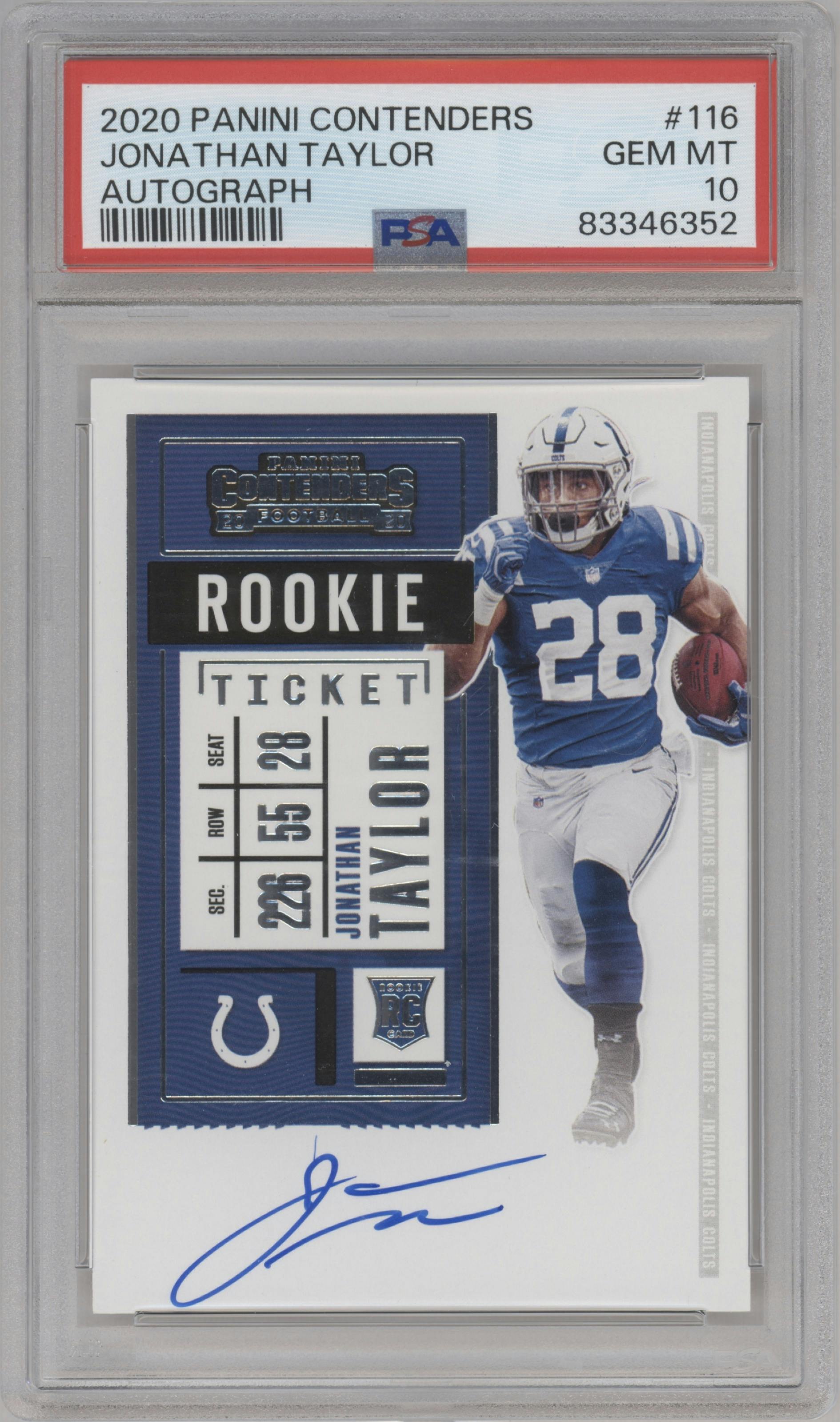 Jonathan Taylor from the 2020 Panini Contenders set graded by PSA and given an overall grade of 10.