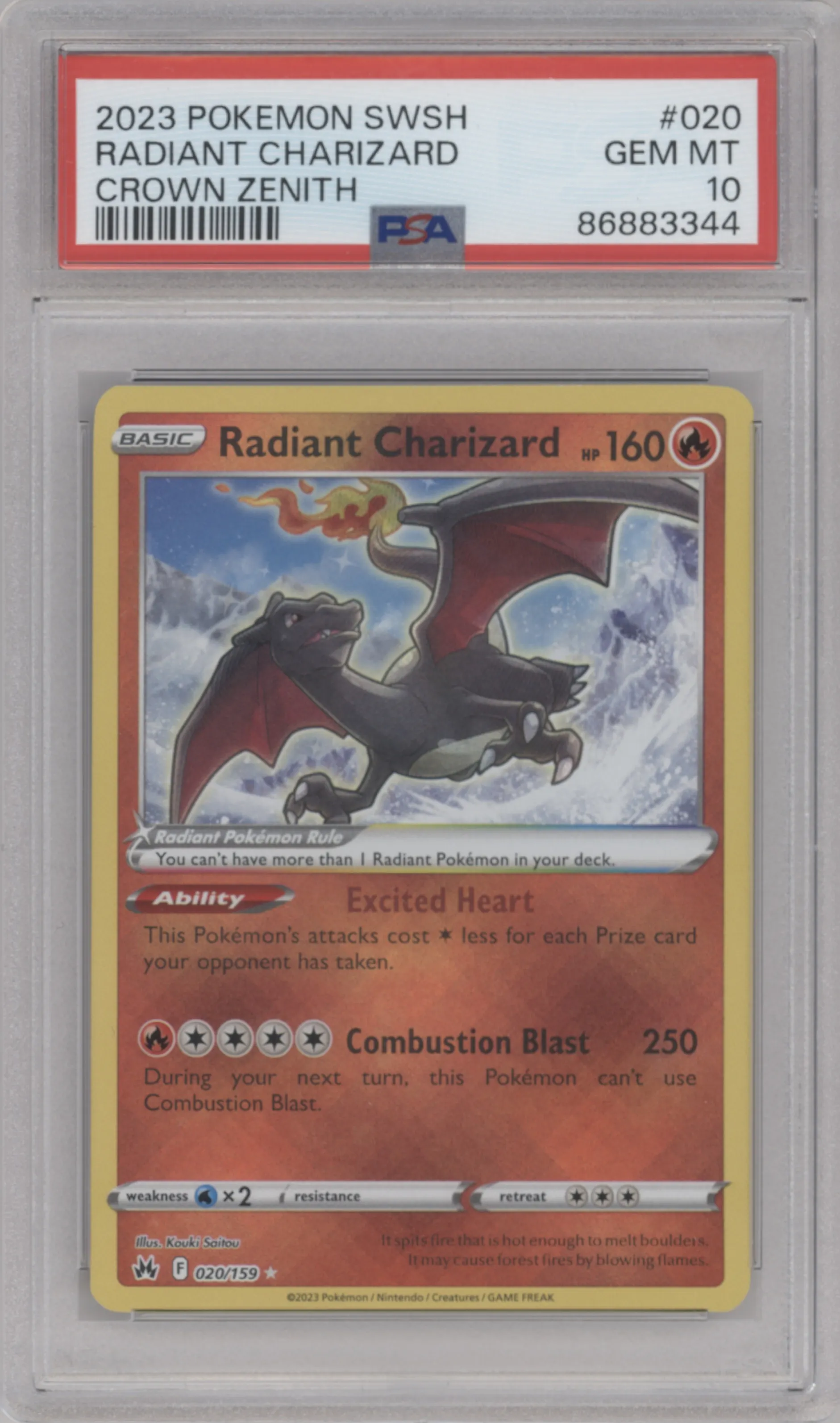 Radiant Charizard from the 2023 Pokemon SWSH set graded by PSA and given an overall grade of 10.