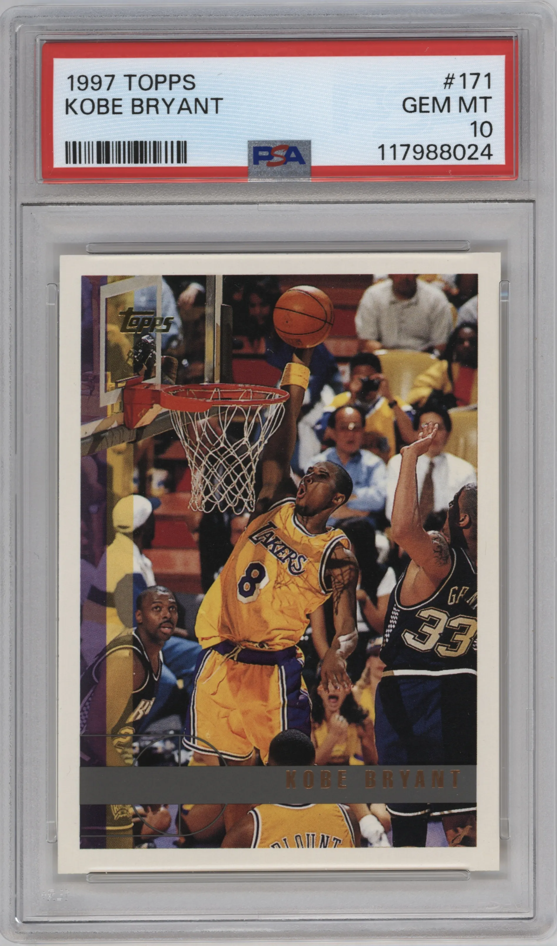 Kobe Bryant from the 1997-98 Topps  set graded by PSA and given an overall grade of 10.
