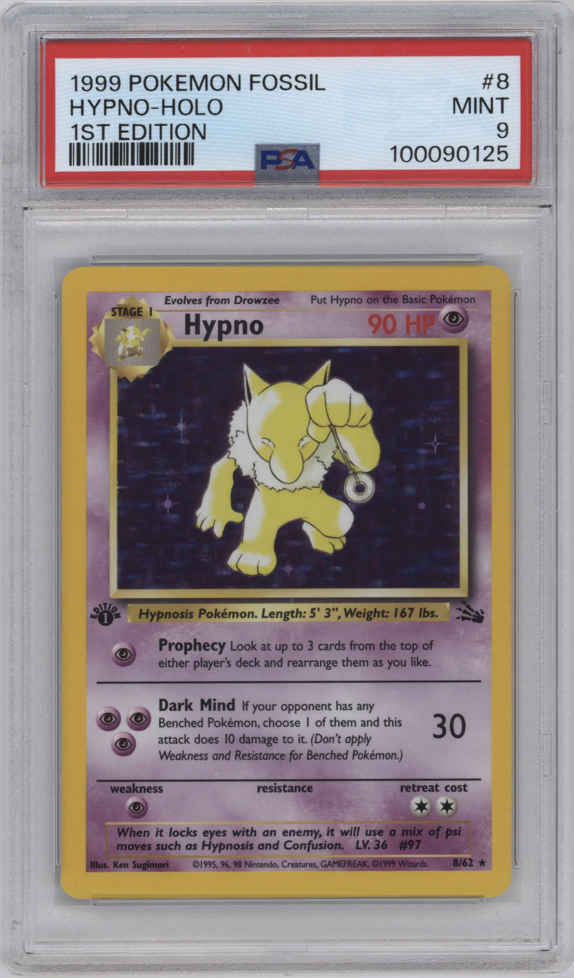 Hypno from the 1999 Pokemon set graded by PSA and given an overall grade of 9.
