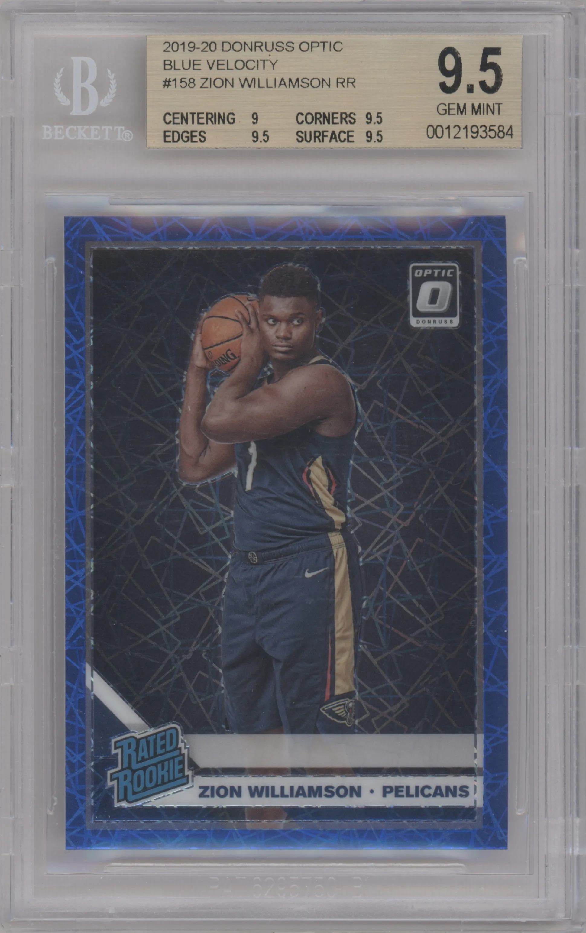 Zion Williamson from the 2019-20 Panini Donruss Optic set featuring a Blue Velocity parallel graded by Beckett and given an overall grade of 9.5.