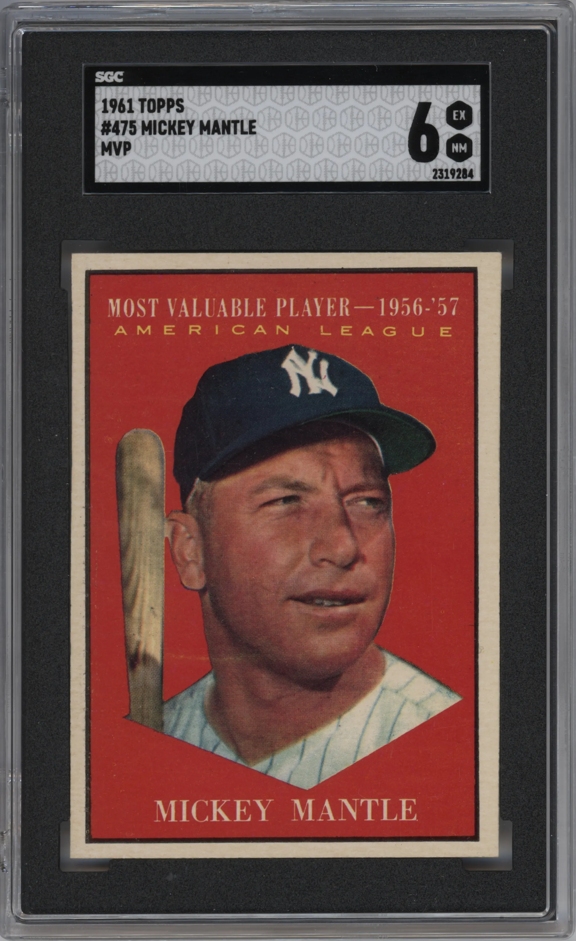 Mickey Mantle from the 1961 Topps set graded by SGC and given an overall grade of 6.