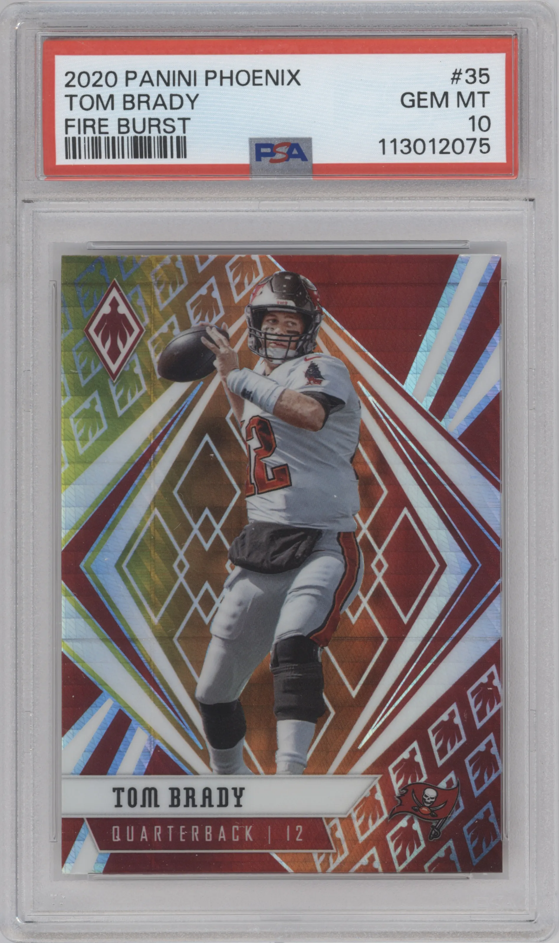 Tom Brady from the 2020 Panini Phoenix set featuring a Fire Burst parallel graded by PSA and given an overall grade of 10.