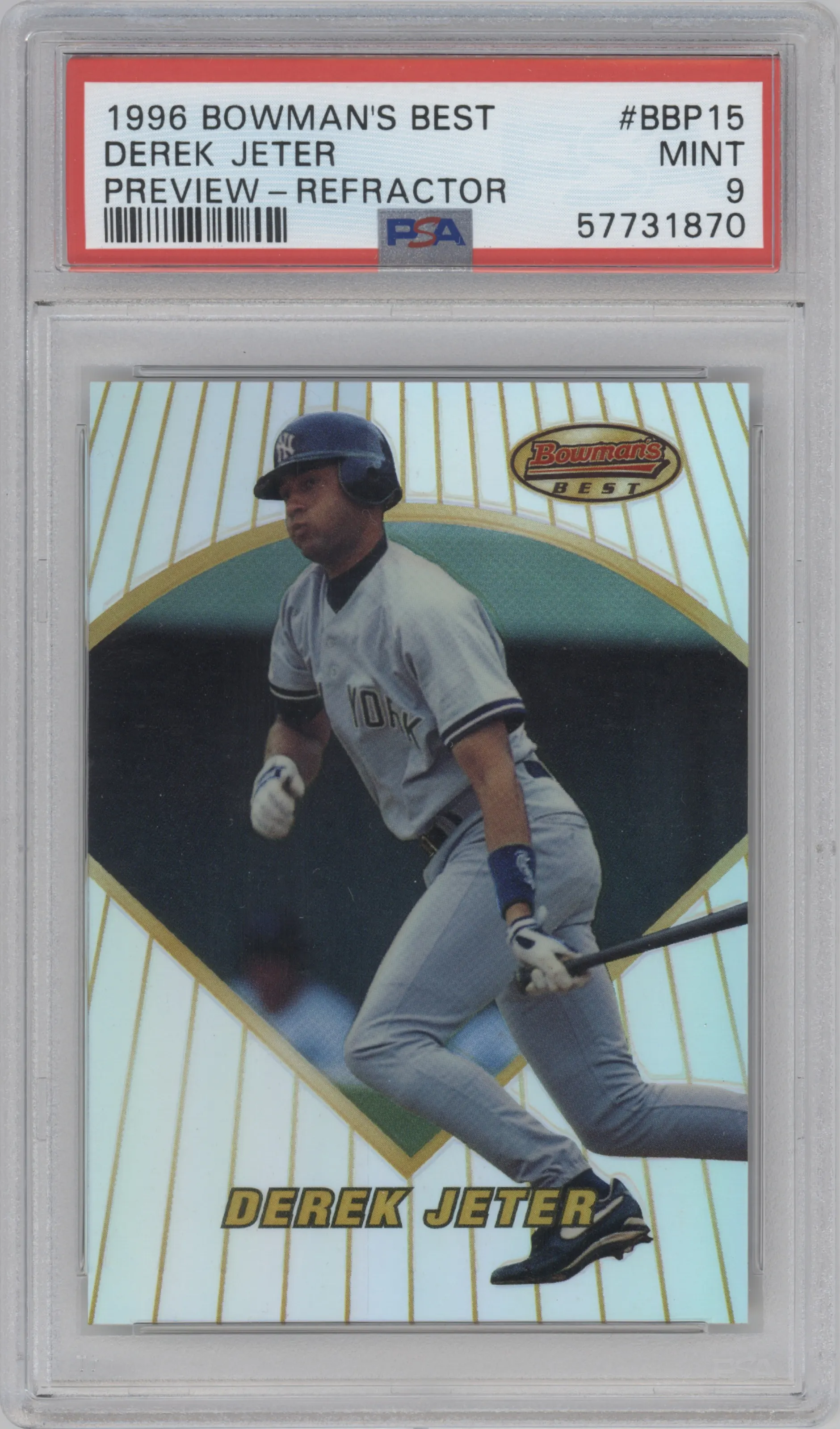Derek Jeter from the 1996 Bowman's Best set featuring a Refractor parallel graded by PSA and given an overall grade of 9.