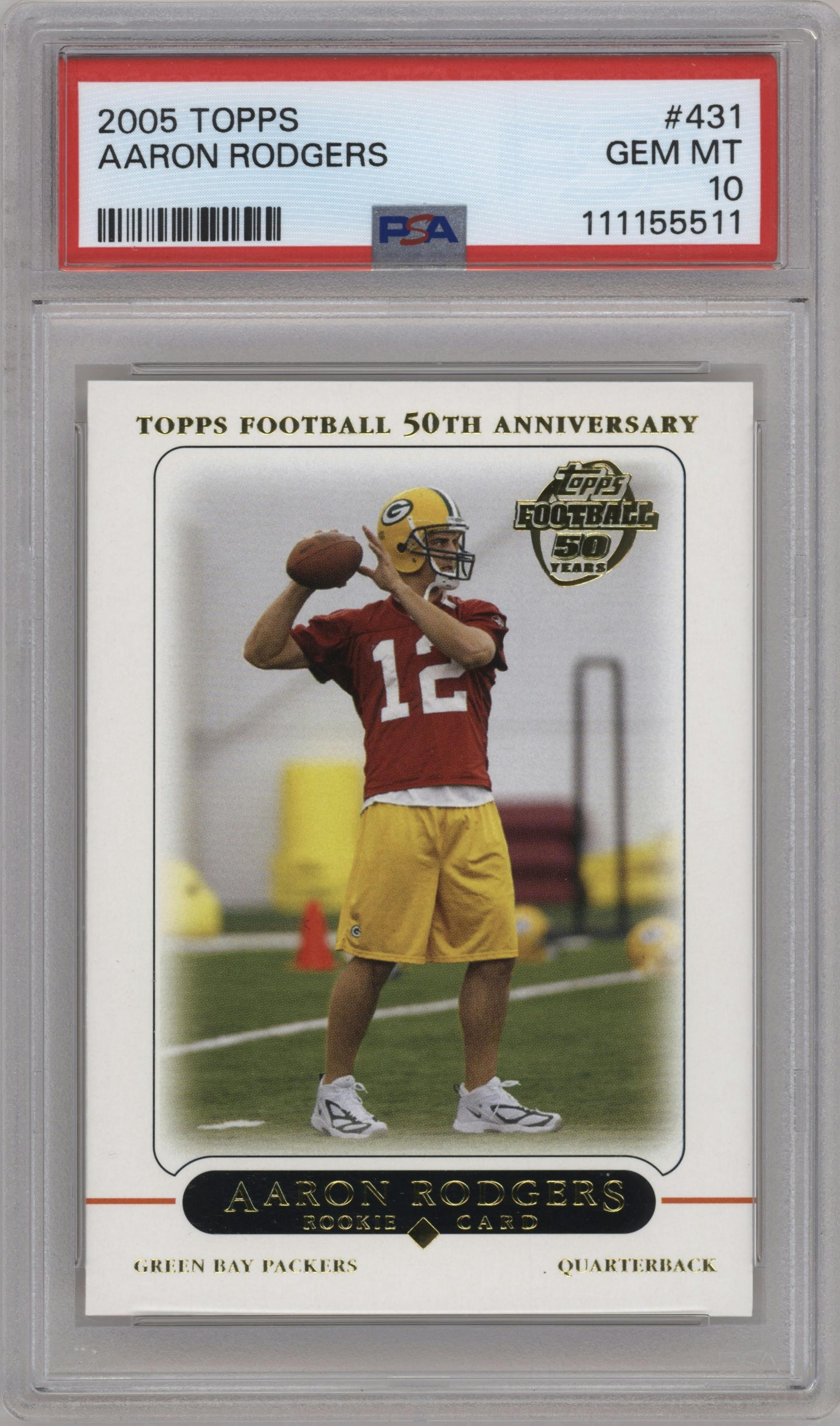 Aaron Rodgers from the 2005 Topps set graded by PSA and given an overall grade of 10.