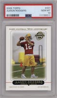 Aaron Rodgers from the 2005 Topps set graded by PSA and given an overall grade of 10.