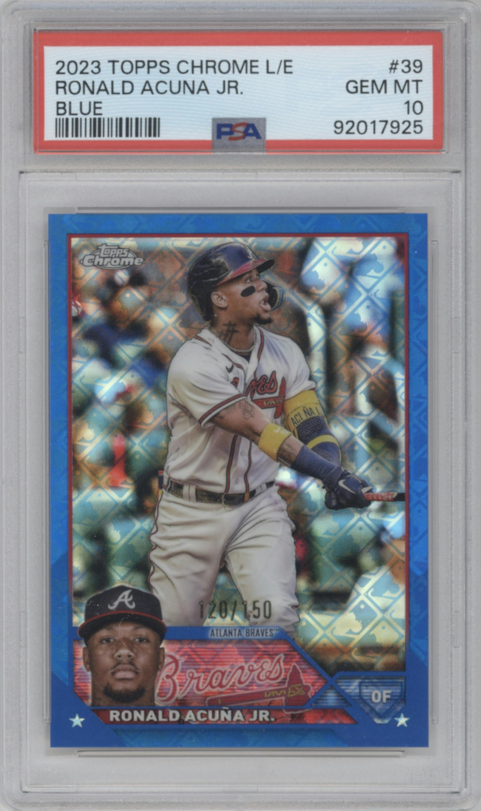 Ronald Acuna Jr. from the 2023 Topps Chrome Logofractor Edition set featuring a Blue Refractor parallel graded by PSA and given an overall grade of 10.