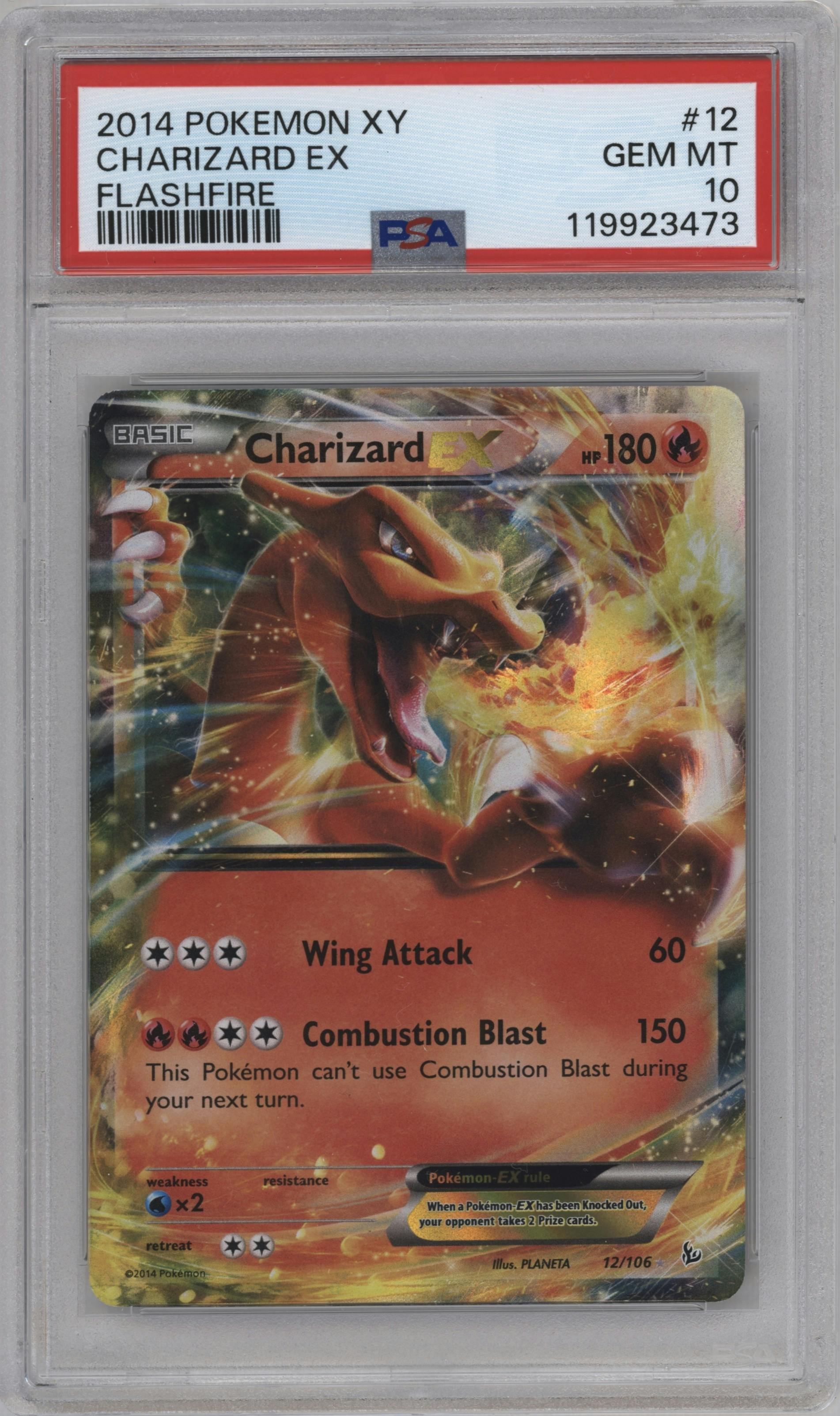 Charizard EX from the 2014 Pokemon XY set graded by PSA and given an overall grade of 10.