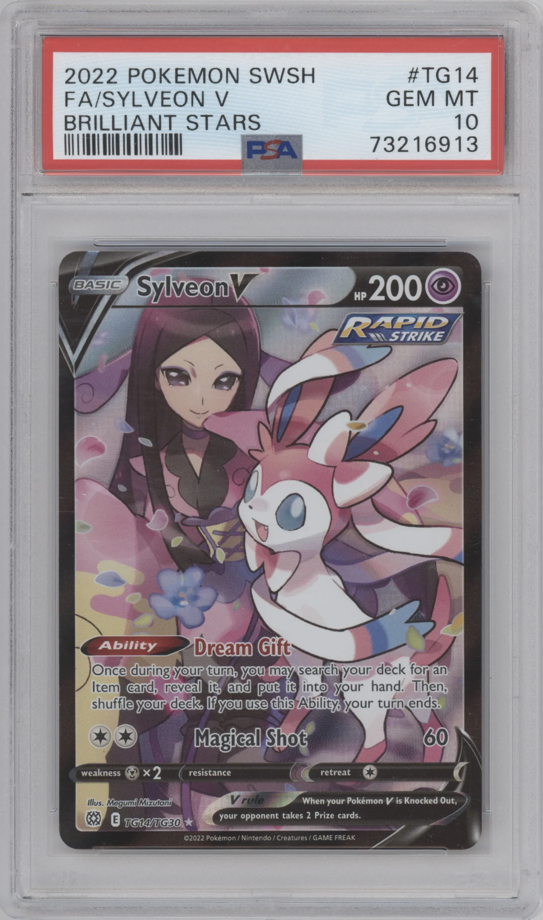 Sylveon V from the 2022 Pokemon SWSH set graded by PSA and given an overall grade of 10.