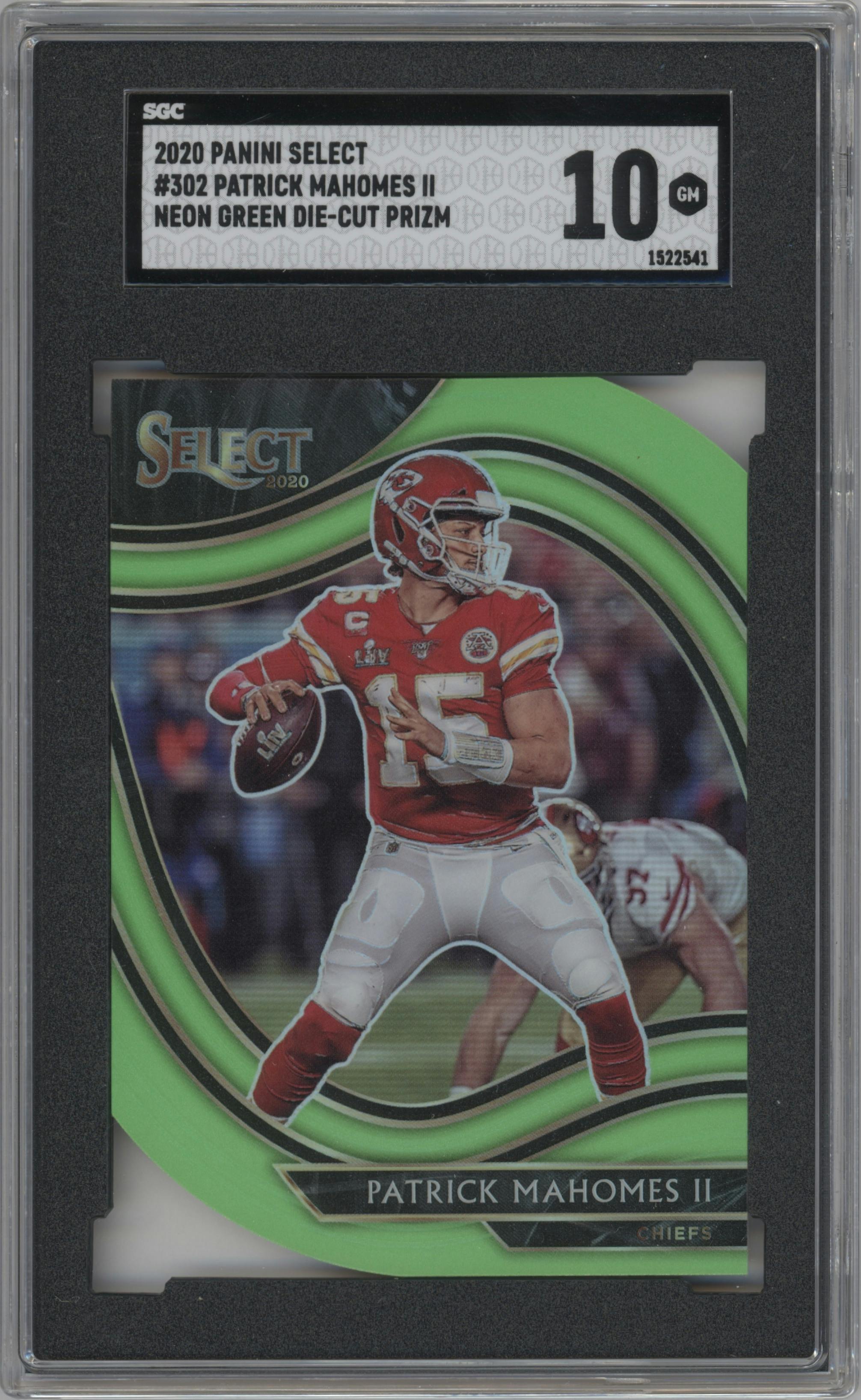 Patrick Mahomes II from the 2020 Panini Select set featuring a Die-Cut Neon Green parallel graded by SGC and given an overall grade of 10.