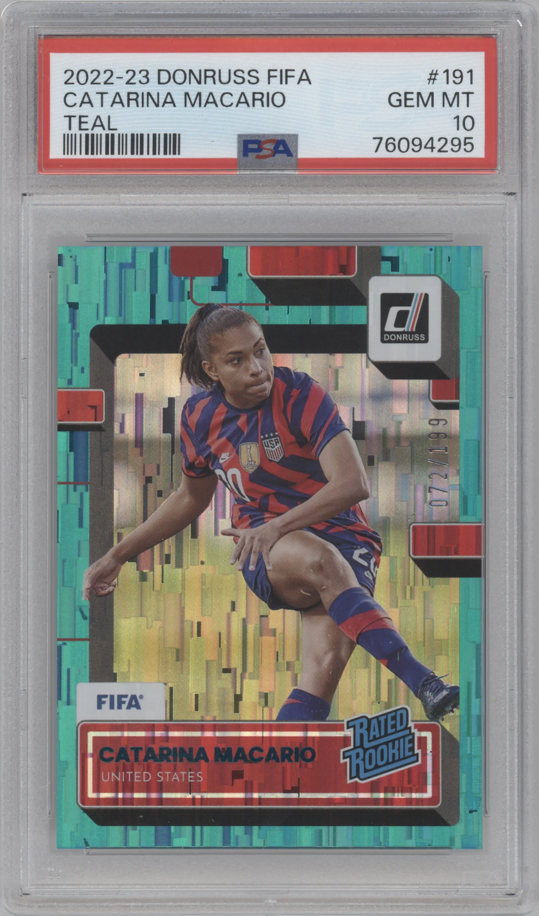 Catarina Macario from the 2022-23 Donruss  FIFA set featuring a Teal parallel graded by PSA and given an overall grade of 10.