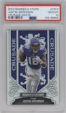 Justin Jefferson from the 2023 Panini Rookies & Stars set featuring a White parallel graded by PSA and given an overall grade of 10.