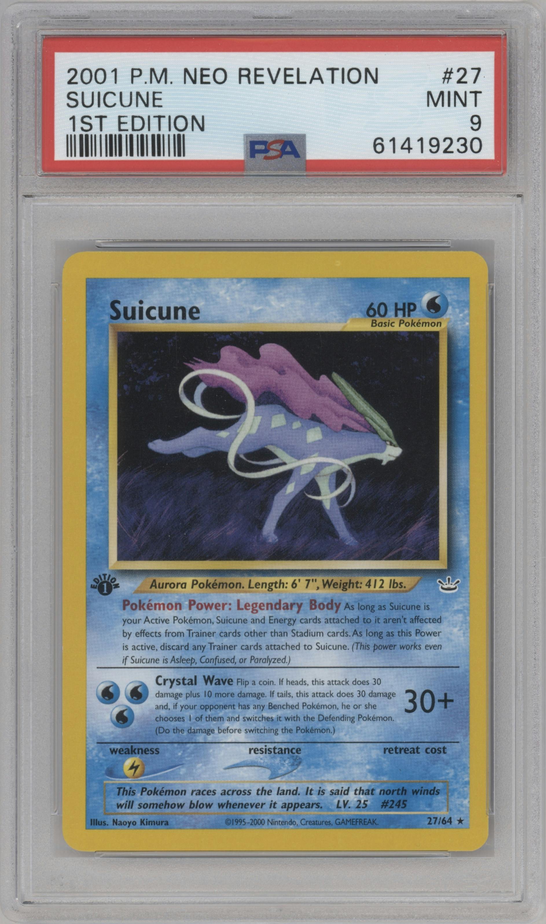 Suicune from the 2001 Pokemon Neo Genesis set graded by PSA and given an overall grade of 9.