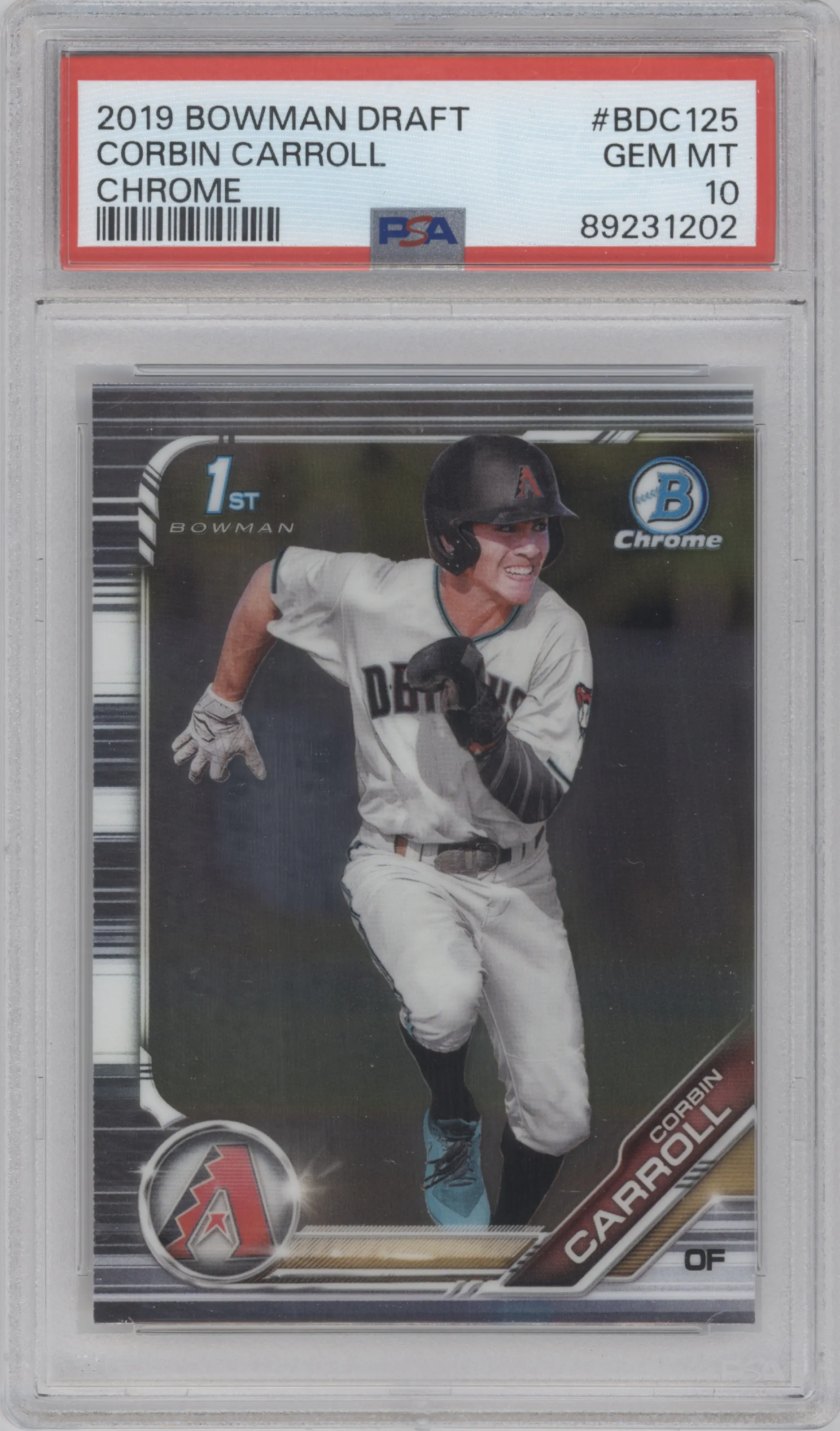 Corbin Carroll from the 2019 Bowman Draft set graded by PSA and given an overall grade of 10.