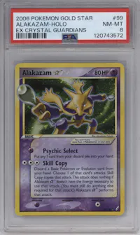 Alakazam Gold Star from the 2006 Pokemon EX set graded by PSA and given an overall grade of 8.