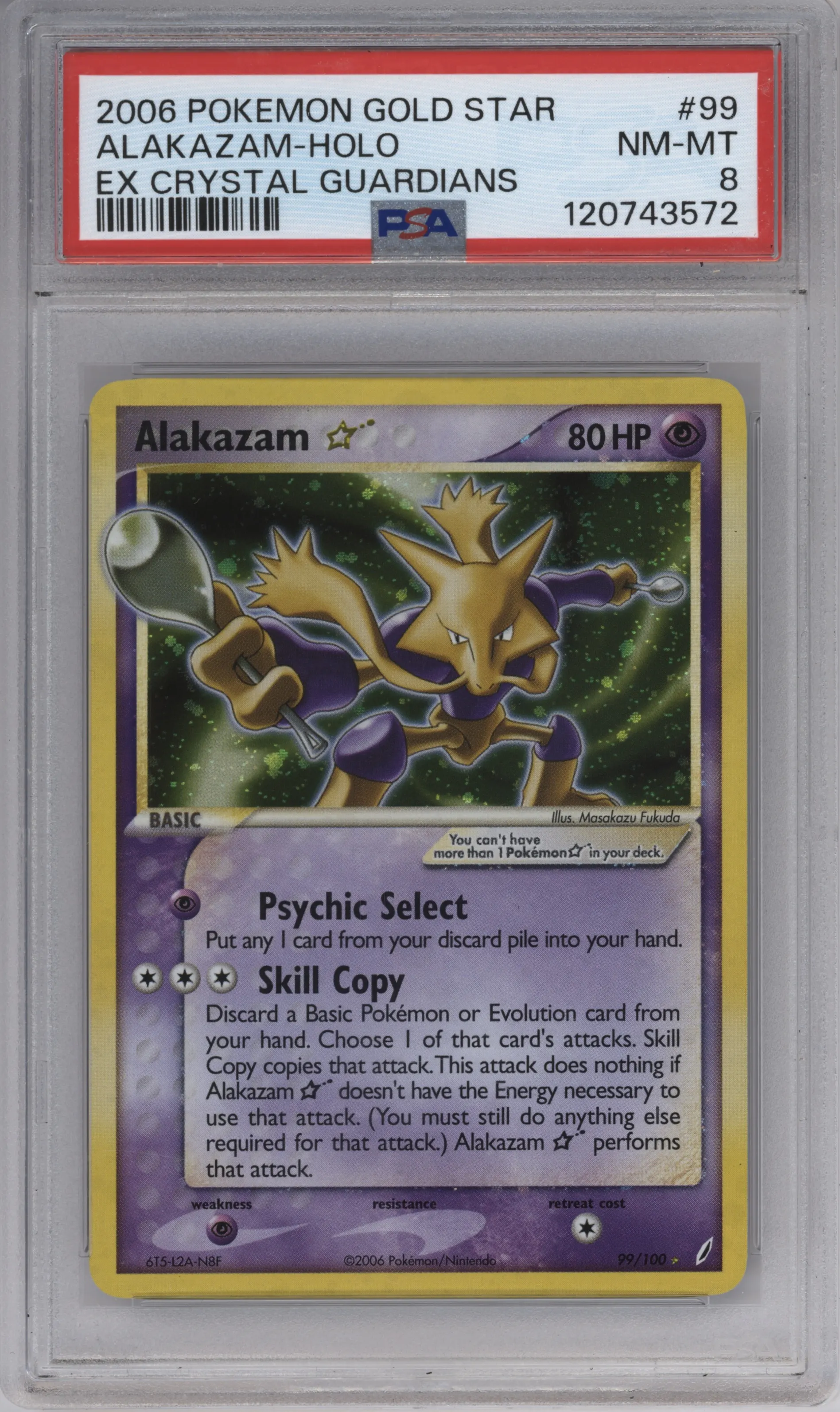 Alakazam Gold Star from the 2006 Pokemon EX set graded by PSA and given an overall grade of 8.