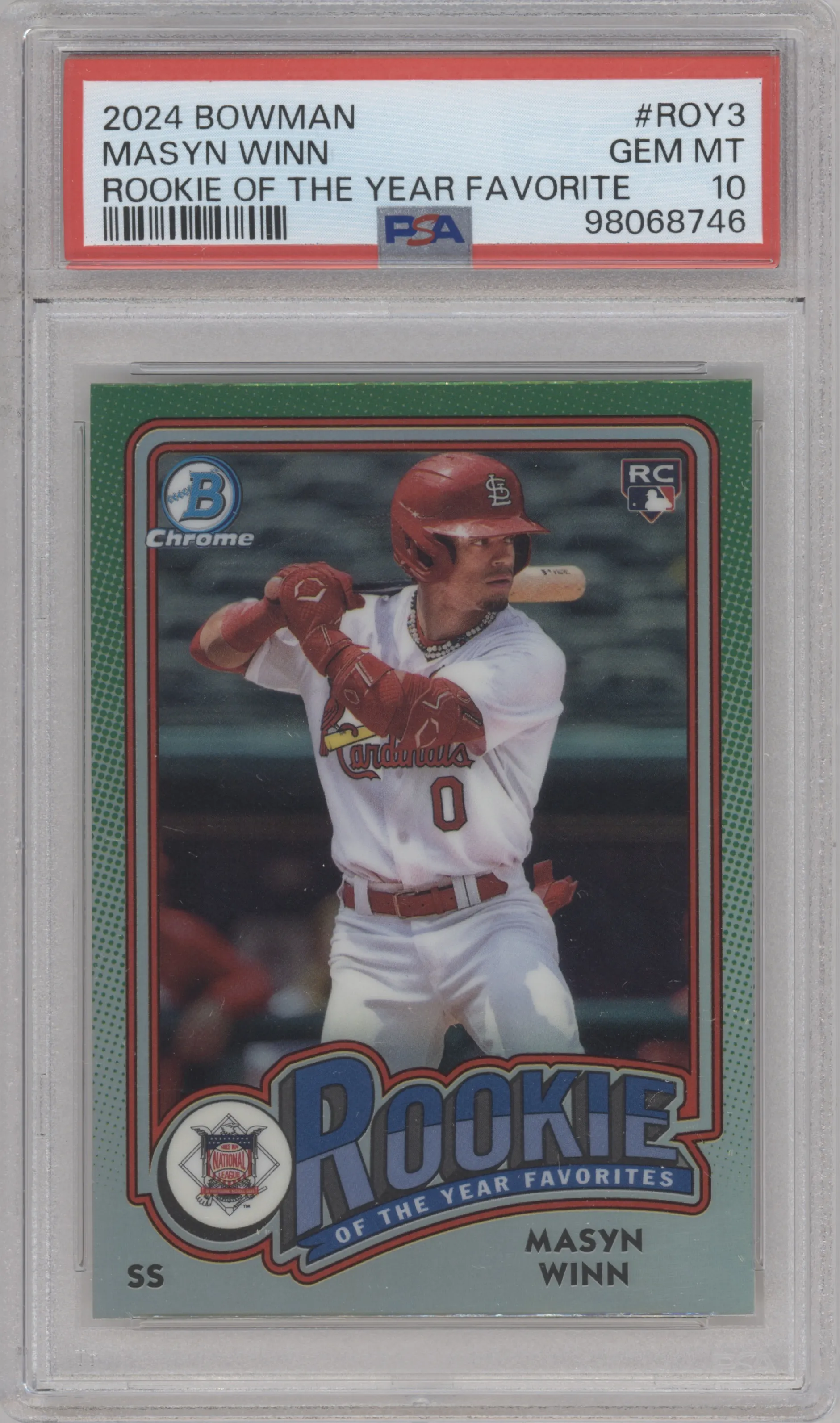Masyn Winn from the 2024 Bowman set graded by PSA and given an overall grade of 10.