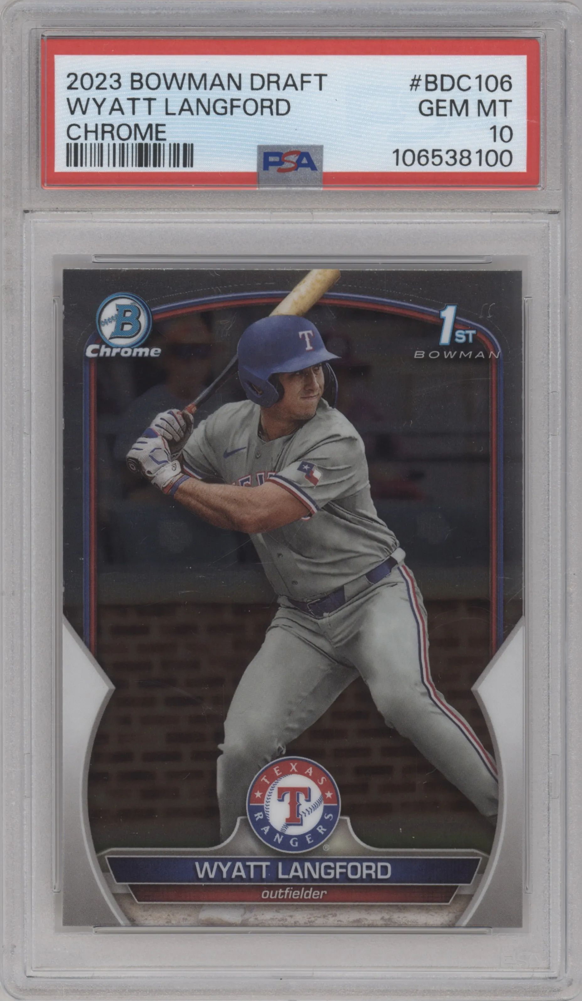 Wyatt Langford from the 2023 Bowman Draft set graded by PSA and given an overall grade of 10.
