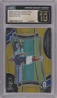 Eduardo Camavinga from the 2023-24 Panini Select FIFA set featuring a Gold Prizm parallel graded by CSG and given an overall grade of 10.