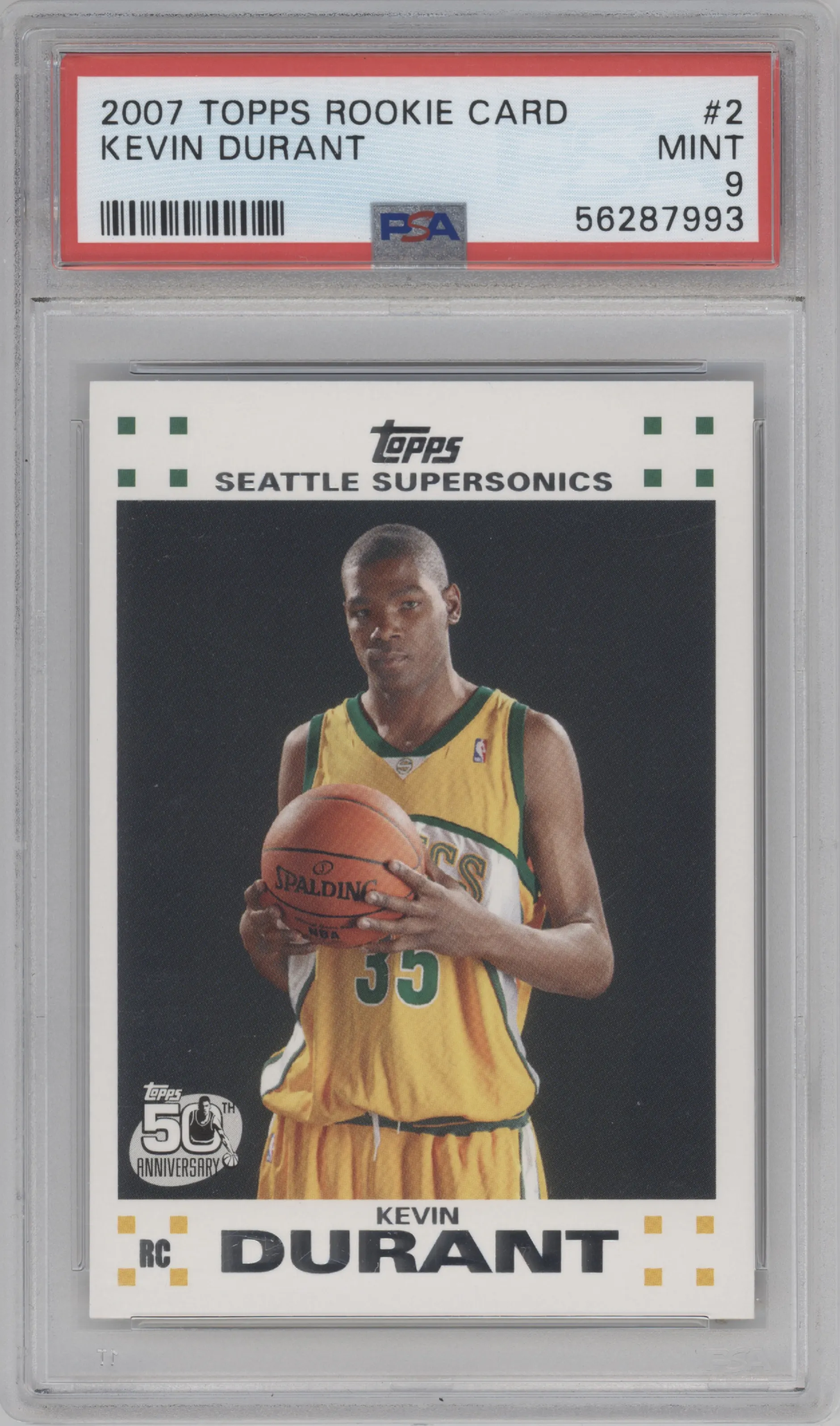 Kevin Durant from the 2007-08 Topps set graded by PSA and given an overall grade of 9.