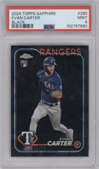 Evan Carter from the 2024 Topps Chrome Sapphire set featuring a Black Sapphire parallel graded by PSA and given an overall grade of 9.