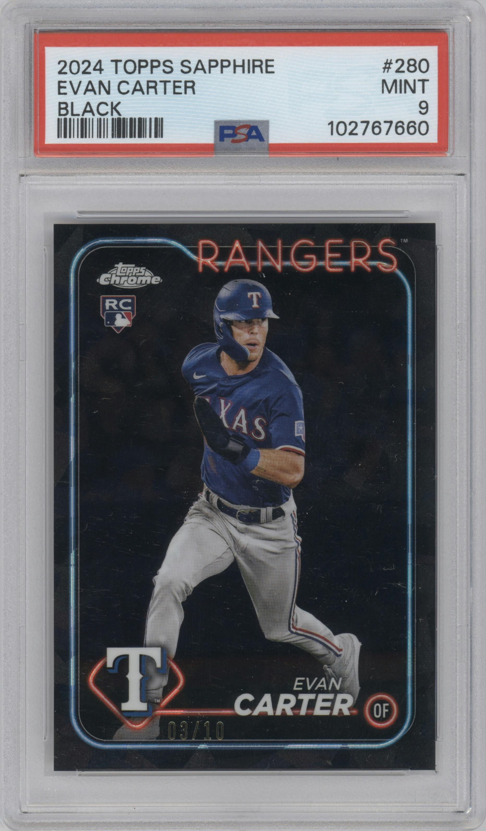 Evan Carter from the 2024 Topps Chrome Sapphire set featuring a Black Sapphire parallel graded by PSA and given an overall grade of 9.