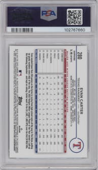 Evan Carter from the 2024 Topps Chrome Sapphire set featuring a Black Sapphire parallel graded by PSA and given an overall grade of 9.